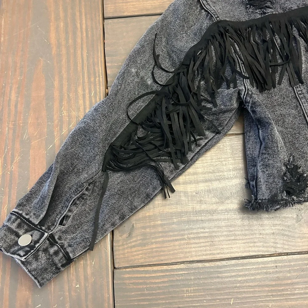 Shein Distressed, Thrashed Black Denim Jacket, Holes Cropped Fringe Size Large - Picture 11 of 13